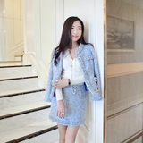 独家定制 韩国韩版 蓝色加厚 小香风修身毛呢粗呢 外套 套装套裙