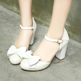 夏季新款韩版甜美淑女白色小清新包头高跟凉鞋粗跟蝴蝶结公主女鞋