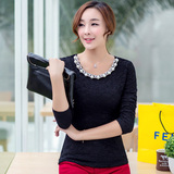 2014冬季新款韩版女装蕾丝长袖打底衫加厚加绒钉珠短款上衣潮
