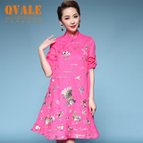 QVALE2016春夏新款中老年妈妈装女装中国风刺绣棉麻宽松版连衣裙