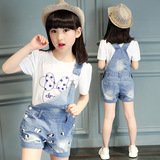 韩版夏季女童短袖T恤小孩子上衣背带牛仔裤套装儿童潮短裤两件套
