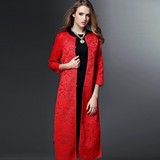 中式中国风春夏女装k透视网纱刺绣花朵复古盘扣中长款大红色外套