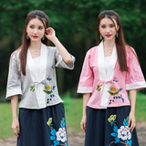 春夏装新原创中国风手绘菊花改良汉服女士对襟中袖汉元素棉麻上衣