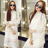 2016夏季新款韩国甜美白色蕾丝长袖连衣裙打底裙加厚中长款女装