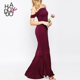 Haoduoyi2016夏装新款 欧美优雅鱼尾裙长裙 修身一字领露肩连衣裙