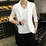 青少年夏季韩版中袖西服套装男士休闲七分袖小西装修身款镂空西服