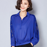 2016春装新款休闲短款蝙蝠袖衬衫女蕾丝韩版POLO领上衣长袖衬衣