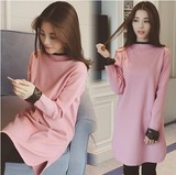 2015秋冬装新款韩版蕾丝拼接粉色长袖中长裙女打底针织加厚连衣裙