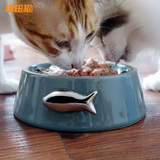 掌柜推荐田田猫品牌电镀小鱼装饰环保陶瓷防打翻猫碗猫食盆猫餐碟