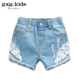 gxg kids童装专柜新款女童做旧牛仔短裤儿童蕾丝装饰热裤B6225140