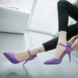 2016春季新款侧空粗跟高跟凉鞋优雅女士紫色尖头一字扣带女夏鞋子