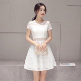2016夏款新款甜美女装白色蕾丝雪纺短袖套头镂空优雅气质连衣裙