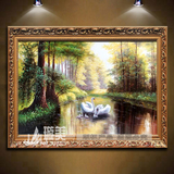 家居饰品欧式现代树林山水动物写实幸福天鹅风景手绘油画客厅玄关