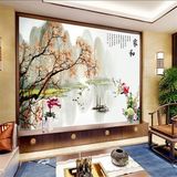 3D大型现代中式壁画江南春国画山水客厅电视背景墙纸无缝整张壁纸
