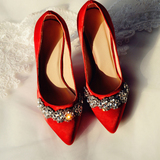 16新款白色女水晶尖头真皮高跟单鞋 优雅女鞋水钻绸缎面红结婚鞋