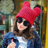 秋冬季女士保暖帽子熊耳朵兔耳朵新款翻边毛线帽可爱立体韩版帽子