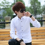 春夏季新款青少年学生长袖衬衫男士韩版修身休闲纯白色衬衣潮男装