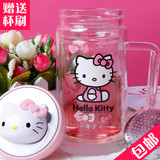 Hello Kitty透明玻璃杯双层水晶茶杯过滤女士花茶办公室水杯包邮