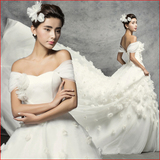 2015新款时尚新娘结婚韩式花朵抹胸一字肩长拖尾婚纱礼服秋冬季女