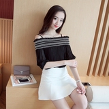 2016新款韩国性感露肩大码宽松显瘦雪纺衫短袖一字领上衣服女夏季