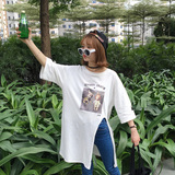 麻豆 中长款七分袖时尚打底衫 夏季女装宽松体恤衫 韩国个性白色T
