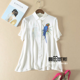 设计师款100%桑蚕丝A型宽松大码鹦鹉印花白色短袖女式真丝衬衫
