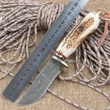 日本进口大马士革钢刀纯手工铜头纯鹿角柄收藏 追月老人小直刀