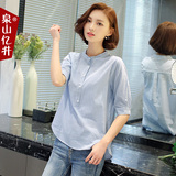 2016年新款韩版潮夏季潮棉修身显瘦条纹短袖圆领衬衫女装休闲衬衣