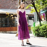 两三事 美美美 2016夏季新款性感V领紫色水溶蕾丝吊带连衣裙中长
