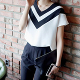 韩国新款女夏短袖T恤简约黑白大V领拼接撞色海军风修身打底衫上衣
