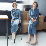 2016秋装新款 韩版修身显瘦长袖牛仔连衣裙女单排扣收腰长裙子潮