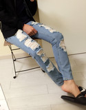 【JUNMANNER】韩国SLP风格 日系复古破烂浅蓝破洞休闲牛仔裤男士