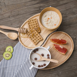摩登主妇 日式早餐套装 实木椭圆分格托盘餐盘 木碗杯子勺子汤勺