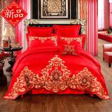 欧式婚庆四件套大红色结婚床上用品床单被套简约贡缎刺绣婚庆床品