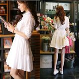 韩国代购2016春季新款女装复古修身显瘦白色长袖连衣裙中长款裙子