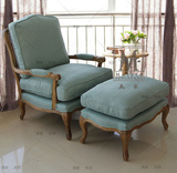 美式乡村实木做旧复古麻布单人沙发法式实木雕花编藤老虎椅休闲椅