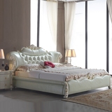 新款简约欧式床 实木雕花双人床 皮艺太子床软床1.8米真皮床 婚床