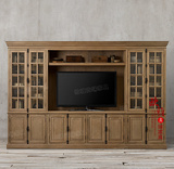 RH美式乡村电视柜组合 欧式实木复古仿古视听柜背景墙书架展示柜