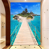 大型3D立体壁画壁纸墙纸海边海景椰树小桥玄关走廊走道客厅无纺布