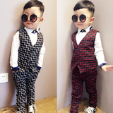 儿童装男童韩国绅士格子西装马甲长裤两件套装2015秋装新款2-7岁O