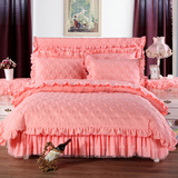 粉色加厚被套结婚床上用品夹棉加厚四件套 床裙式蕾丝套件蕾丝