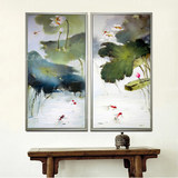 油画中式客厅装饰画玄关竖版挂画过道有框画现代水墨荷花鲤鱼抽象