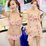 日式Bikini性感钢托小胸聚拢连体裙式遮肚比基尼罩衫三件套女泳衣