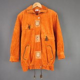 古着vintage 日本产LOGO潮流橘红色灯芯绒中长款夹克外套女装 S码