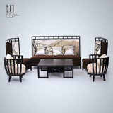 新中式沙发组合套装别墅样板房酒店会所实木布艺印花三人单人沙发