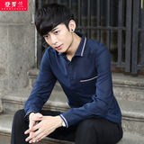 韩版衬衫男长袖夏季修身型男士青年休闲条纹白衬衣男春秋薄款寸衫