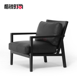 楷锐沙发椅单人卧室休闲椅北欧设计师椅皮创意新中式实木家具Y014