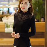 2015秋季新品高领蕾丝镂空打底衫黑色女装长袖上衣薄莫代尔T恤