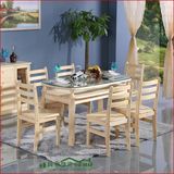 松木实木餐桌一桌四六椅小户型餐桌椅组合双层玻璃长方形饭桌家具