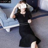 韩国新款女名媛气质高腰长裙夏百褶雪纺拼接黑色蕾丝连衣裙中长款